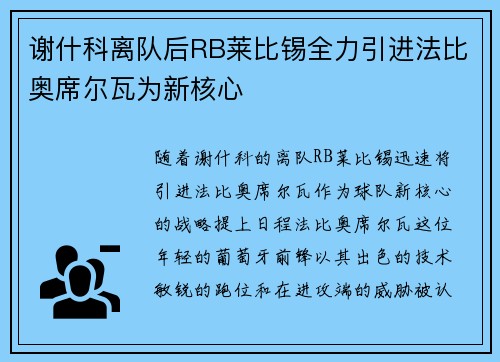 谢什科离队后RB莱比锡全力引进法比奥席尔瓦为新核心